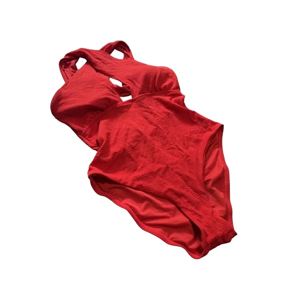 BCBG One Piece Swimsuit SIZE 10 Red Cross Front Off Shoulder Cutout NWT